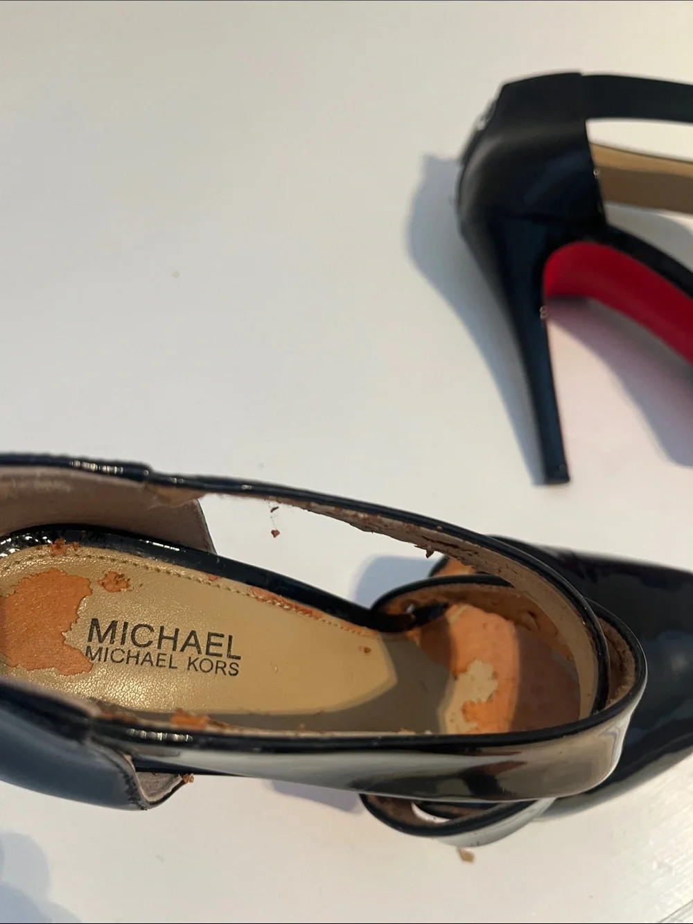 Michael Kors Black Patent Cross-Strap Peep-Toe Platform Heels w/red bottoms!